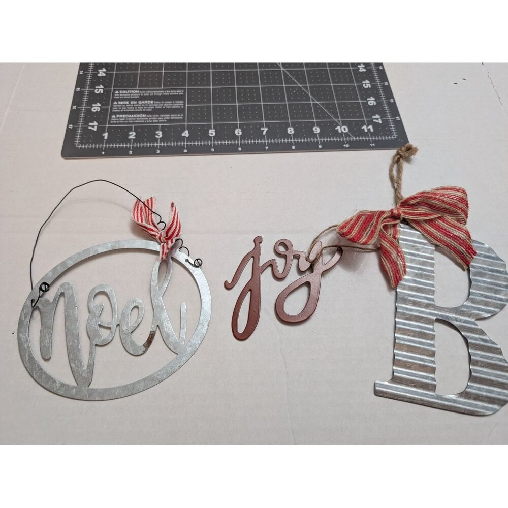 Metal Die Cut Christmas Holiday Ornaments B Joy Noel lot‎ 3 rustic country vtg